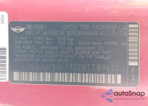 2008 Mini Cooper S z USA, uszkodzony, nr VIN WMWMF73528TT89621